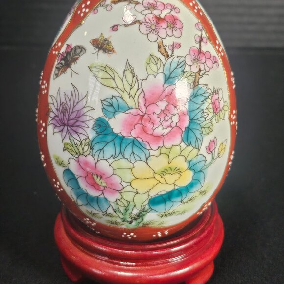 Vintage Japanese Satsuma Style Ceramic Egg Oriental Hand Painted Floral Bouquet - Picture 4 of 9
